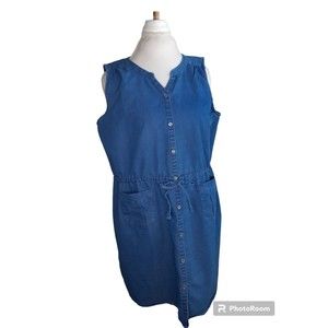 River & Rose Women BLUE Denim Jean Shift Dress XL Buttons sleeveless w Tie Belt